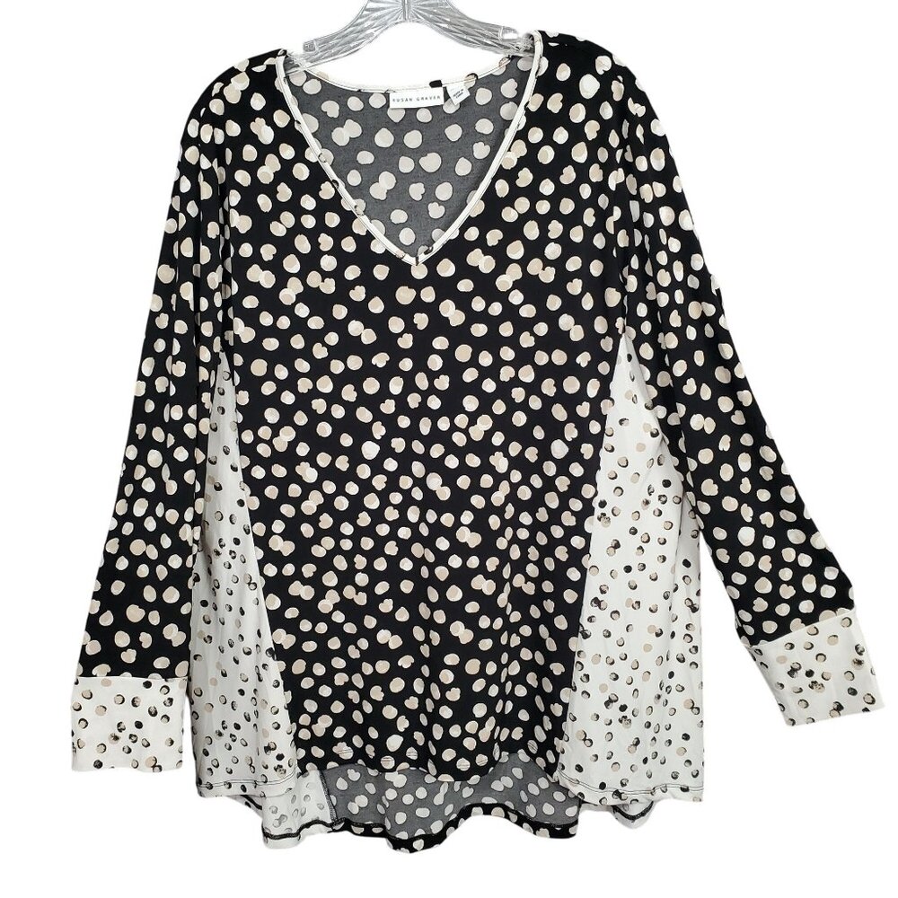 Susan Graver XL Tunic Top Polka Dot V Neck Liquid Knit Long Sleeve Flared Hem - Picture 2 of 11
